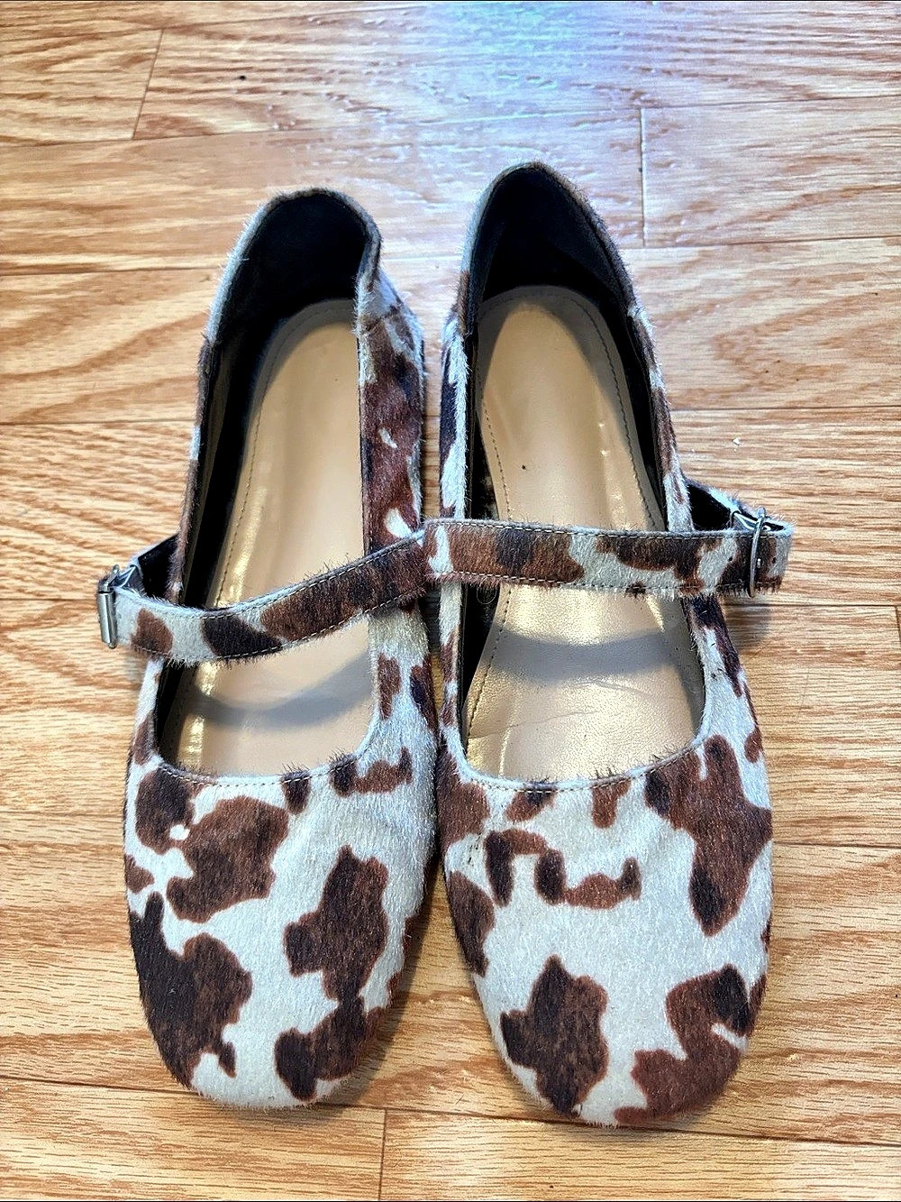Animal Print Mary Jane Flats in Brown & Cream